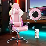 Gaming Stuhl mit RGB LED-Leuchten und Lautsprechern Videospielstuhl Racing Computter Stuhl PC Stuhl aus PU-Leder mit hoher Rückenlehne ergonomischer Bürostuhl mit Kopfstütze Lendenwirbelstütze Rosa