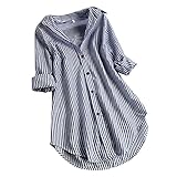 Meclelin Oversize Gestreifte Bluse Damen Verstellbare Ärmel Shirts aus Baumwolle V-Ausschnitt Oberteile Freizeit Tunika Arbeitsbluse Lässige Lose Tshirts Long Frühling Sommer 36-50(40,Marine)