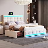 Merax Polsterbett 140 x 200 cm, Bett mit LED Beleuchtung, Lattenrost, verstellbares Kopfteil, 4 Schubladen und 2 USB-Ladestationen, Stauraumbetten, Leinen-Oberfläche, Jugendbett, Ohne Matratze, Beige