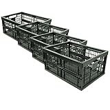 HRB 4 Stück stabile Profi Klappbox, 32 Liter Volumen pro Einkaufsbox klappbar, Klappboxen mit Maßen 48 x 35 x 23 cm, Einkaufskorb faltbar in der Farbe Schwarz/Blau