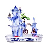 REN0124shuang Zimmerbrunnen Große Keramik Rockery Wasserfall-Brunnen und Fischer Feng Shui-Rad-Fertigkeit-Geschenk-Desktop-Brunnen Wohnzimmer Büro-Luftbefeuchter, blau Tischbrunnen