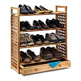 Relaxdays Schuhregal Walnuss H x B x T: 81 x 70 x 27 cm Schuhablage mit Schublade 4 Böden für je 3 Paar Schuhe Holz Schuhschrank mit Griffen zum Tragen und Schubfach zum Ausziehen, geölt, natur