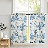 TOPICK Leinen Scheibengardinen Toile de Jouy Blickdicht Bistrogardine Shabby Chic Landhaus Vorhang Privatsphäre Fenstervorhang für klein Fenster Küche Bad Wohnzimmer 2er Set 65Bx90H(cm) Blau auf Beige