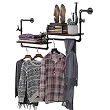 GGZONE Industrielle Kleiderstange Wandmontage mit Holzregal Wandkleiderbügel für Bekleidungsgeschäft Schlafzimmer, Eisenschwarzer Kleiderständer (120×50×30cm) Beautiful Scenery