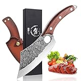 Dream Reach Ausbeinmesser Geschmiedete Hammer Textur Klinge Kochmesser Filetiermesser Metzgermesser Fleischerbeil mit Lederscheide für Küche Grill Ausflug Full Tang