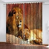 SATUSA Vorhang Blickdicht 3D Goldener Tierlöwe Muster Ösenschal 2Er Set 234X230Cm Fenster Gardinen Mit Ösen Verdunkelungsvorhang Wohnzimmer Kinderzimmer Thermovorhang Schallschutz Vorhänge