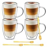 4x 350ml + 4x Löffel, Doppelwandige Gläser, Latte Cups, Cappuccino Tassen, Eiskaffeetassen, doppelwandige Kaffeetassen, Teetassen hitze- und kältebeständig - Tassen aus Borosilikatglas