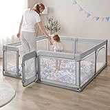 Laufstall Baby Faltbar mit Matte, 120x160x70cm Großer Laufgitter für Babys und Kleinkinder, Laufstall mit atmungsaktivem Netz, Tragbarer Laufstall für drinnen und draußen (Grau)