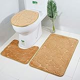 rutschfeste 3 Badteppich Set Super Soft Badteppich und WC Vorleger Memory Foam Pebble Dusche Matte Schnell trocknend Badezimmer Matte Teppich, U-förmigen Contour Matte und WC-Sitz Bezug