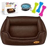 Lovpet® Hundebett Hundekissen Hundekorb Chiller, Inkl. Napf + 3X Kauknochen, Hundesofa Kissen für Kleine, Mittelgroße & Große Hunde, Bezug abnehmbar und waschbar, L 90 x 75 x 25 cm Braun