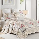 Finlonte Übergroße Tagesdecke für King-Size-Betten, 100 % Baumwolle, King-Size-Bettbezug, Braun, Grau, kariert, leicht, wendbar, 3-teilig