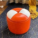 Ottomans Fußhocker Schuhwechselhocker Aufbewahrungshocker Ölwachs Leder Fußhocker Runder Hocker Fußhocker Wohnzimmer Ottomans Der Schlafzimmer Fußhocker, Orange Weiß-29x33cm
