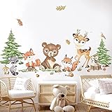 decalmile Wandtattoo Waldtiere Wandaufkleber Bär Hirsch Fuchs Bäume Wandsticker Kinderzimmer Babyzimmer Schlafzimmer Wanddeko