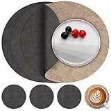 Myir JUN Tischsets Abwaschbar Leder und Untersetzer, Doppelseitigen Platzset Rund Ø 36cm 4er Set rutschfest Glasuntersetzer Platzdeckchen Kunstleder (Grau Beige)