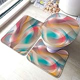 Set 3 Teilig Badvorleger Abstrakte Welle Regenbogenfarbe Blau Orange Weiß Glatte Streifen Trendiges Design Badezimmer Set Anti-Rutsch Wasserabsorbierend Bad Duschmatten, Für Dusche, Badezimmer