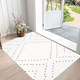 Boho-Baumwoll-Teppich, 90 x 150 cm, gewebt, marokkanisch, geometrisch, weiß, schick, böhmisch, für drinnen und draußen, Bauernhaus-Überwurf, Teppich, waschbar, Bodenteppich für Eingangsmatte,