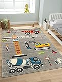 the carpet Monde Kids Kinderteppich, Spielteppich, Weicher Flor, Pflegeleicht, Farbecht, Lebendige Farben, Baustelle, Bagger, Kran, Grau, 140 x 200 cm