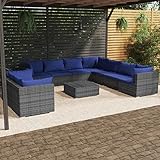 Homgoday Gartenmöbel Set 10-TLG. Gartenlounge mit Kissen Gartensofa Sitzgruppe Balkonmöbel Lounge Sofa Sitzgarnitur Gartenset Sofagarnitur für Garten Terrasse Balkon Grau Poly Rattan