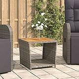 SHUJING Beistelltisch mit Holzplatte, Sofatablett, Sofatisch, Side Table, Laptoptisch Für Couch, Konsolentisch, Mini Tisch, Kaffeetisch, Beistell Tisch, Grau Poly Rattan & Akazienholz