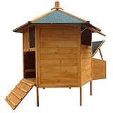 Melko Hühnerstall 6-Eck Hühnervoliere Pavillion, aus Holz, 131 x 125 cm, braun mit grüner Dachpappe, inkl. Rampe + 2 Hühnerstangen + Nestbox