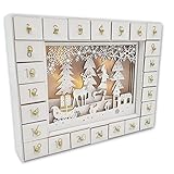 Wichtelstube-Kollektion Vintage Adventskalender Holz zum befüllen, Winterwald weiß XL-Schubfächer, Weihnachtsdeko Holz beleuchtet, Batteriebetrieb und Timer