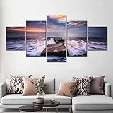 GiZmac Wandbilder Set Deko Bilder 5 Stück Wandposter Strandfelsen Dramatischer Sonnenaufgang Painting Bilder Wanddekoration Leinwandbilder Dekoartikel 200X100(Kein Rahmen)