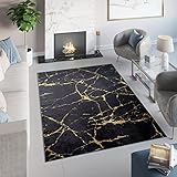 TAPISO Toscana Teppich Bedruckter Teppich Schwarz Gold Marmor Marmoreffekt Waschbar rutschfest Wohnzimmer Schlafzimmer Büro Modern Design 80 x 200 cm