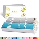 SOLTAKO XXL Fouta Strandtuch Handtuch Saunatuch Badetuch Hamamtuch Yoga Decke Pestemal für Damen Herren Geschenkbox, extra groß & leicht 100 x 200 cm (Pastellgrau-Aqua, 2)