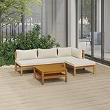 JUNZAI 5-TLG. Garten-Lounge-Set mit Creme Kissen, Terassenmöbel Wetterfest, Loungemöbel Terrasse, Garten Sitzgruppe, Sitzecke Balkon, Massivholz Akazie