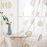 MIULEE Vorhänge mit Florales Stickerei, Gardinen Weiß mit Golden Muste für Wohnzimmer, Schlafzimmer Vorhang Transparent mit Ösen, 2er Set Voile Blumen Durchsichtig Vorhänge, Jeder H 245 X B 140cm