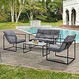 casa.pro Gartenmöbel Set 4-teilig Gartenset Gartengarnitur mit Polsterkissen Sitzgarnitur aus Sitzbank Sessel Couchtisch Outdoor-Möbel mit Stahlgestell Sitzgruppe Schwarz/Grau