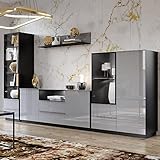 Lomadox Wohnwand modern schwarz mit Glasfronten und Beleuchtung, B/H/T: ca. 360/195/48 cm