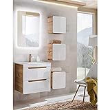 Lomadox Badezimmermöbel Set Hochglanz weiß mit Wotan Eiche Nb, Waschtisch mit 61 cm Unterschrank & LED-Spiegel, 3 Hängeschränke