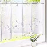 HongYa Voile Scheibengardine Transparenter Cafe Vorhang Kurzstore mit Blüten-Stickerei H/B 45/120 cm Weiß