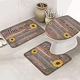 Badematten Set 3 Teilig Bauernhof-Braunes Korn-Sommer-Sonnenblumen-Haus Anti-Rutsch Contour Badteppich Weiche Wc-Sitzbezug Badgarnitur Matte