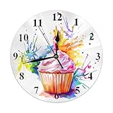 Oudrspo Cupcake-Uhr, Aquarell, süße Cupcakes mit Kerze, Regenbogen-Spritzer zum Geburtstag, runde Wanduhr, geräuschlos, Nicht tickend, rustikale Heimdekoration, 25,4 cm, für Küche, Badezimmer, Büro