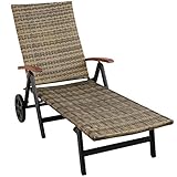 TecTake 800722 Aluminium Poly Rattan Sonnenliege mit Armlehnen und Rollen, klappbar, Gartenliege mit höhenverstellbarer Rückenlehne - Diverse Farben - (Natur | Nr. 403747)