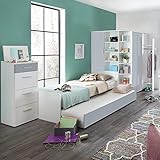 Lomadox Teenagerbett mit Ausziehliege und Eckkleiderschrank begehbar und beleuchtet und Hochkommode 5-teilig in weiß mit Light Grey, B/H/T: ca. 374/201/180 cm