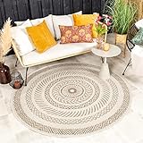 FRAAI | Home & Living In- & Outdoor Jute Teppich Rund - Nomad Aztec Creme - Ø 120cm - Wetterfest Outdoorteppich - Polypropylen - Flachgewebe - Wohnzimmer, Esszimmer, Balkon, Garten, Terrasse - Carpet