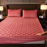 Quality Bedding Fitted Sheet,Thickened Quilted Fitted Sheet,Queen Mattress Protector,Three Layer Cotton Bed CoverTopper,Used Decoration Men'sWomen's Bedrooms,Dark Pink,39inchx75inch(3pcs)