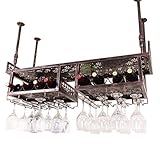 Regale aus Metall, Eisengitter, Deckenregal, Weinregale zum Aufhängen, Weinflaschen- und Gläserhalter, Rahmen, 2-stöckiges Loft-Wandregal – großer Stauraum, Größe: 100 cm, Farbe: Schwar