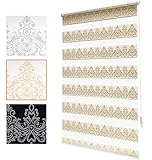 Bailena Doppelrollo mit Muster - Gold/Weiß - Blickdicht Verdunkelungsvorhang Gardinen - 100 cm breit - Ornament Damask Barock Vintage - Fensterdekoration - Jalousien Klemmfix ohne Bohren