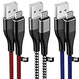 HUNYYN Micro-USB-Kabel 3 Stück, 3M Langes Android-Ladekabel, Nylon-geflochtenes Micro-USB-Ladekabel für PS4/PS4 Pro/PS4 Slim-Controller, Samsung Galaxy S6/S7, Kindle Fire, Xbox One und mehr