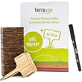 TerraUno - Premium Holzschilder I 60 Bambus Pflanzenstecker inkl. Stift I Wetterfeste Pflanzenschilder zum Beschriften von Kräutern I Garten Zubehör für das Hochbeet