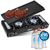 PREMIUM Gaskocher 2-flammig + 16x Gaskartusche 227g + Grillplatte Campingkocher Campinggaskocher 2,0 kW mit Piezozündung, Gaskochfeld für Gaskartuschen, Edelstahl Kartuschenkocher Tischgrill Gasgrill