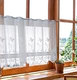 Devola Scheibengardinen transparent Jacquard gardine mit Blumen panneaux gardinen Landhaus bistrogardine weiß mit ösen Kurze küchengardinen mit gebogter Kante BxH 100x90cm 1 Stück