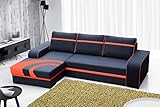 ALTDECOR Ecksofa Links mit Schlaffunktion und Bettkasten mit Gasdruckfeder, Polstercouch in L-Form Links angeordnet, rückenecht gepolstert, ideal als Gästebett 285x165x90 cm - Schwarz/Orange