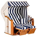 Suleno - Strandkorb PARLA XL 145cm breit FERTIG MONTIERT | PVC-Geflecht weiß | klassich weiß blau gestreift | Halbliegemodell Ostseeform