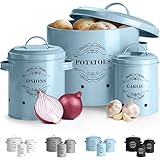 Virklyee Kartoffeltopf, Zwiebeltopf und Knoblauchtopf Belüftet Vorratsbehälter Set, Set of 3 Die perfekte Kombination aus Modedesign (Blau)