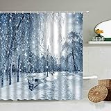 NUEV Winter Wald Landschaft Duschvorhang Kiefer Schnee Szene Weihnachten Neujahr Badezimmer Dekoration Polyester Screen S.3 150x180cm